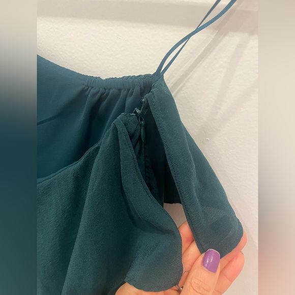 Anthropologie Maeve Green Silk One Shoulder Ruffle Top size 00 - Picture 5 of 9